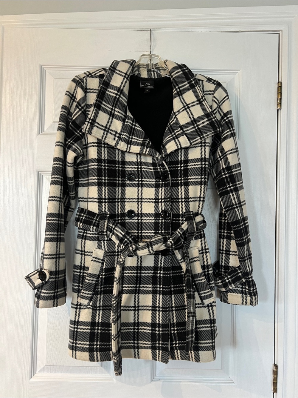 Black & White Plaid Pea Coat with Belt